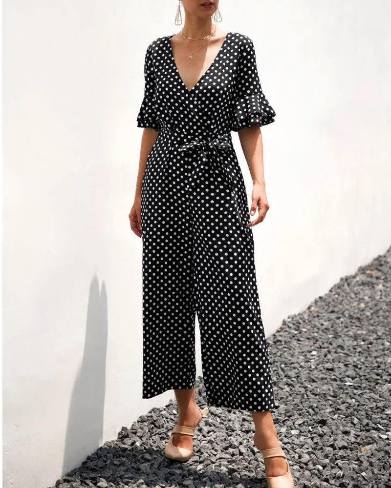 Ruffled Flared Sleeve Polka Dot Lace-up Jumpsuit V-neck Rompers