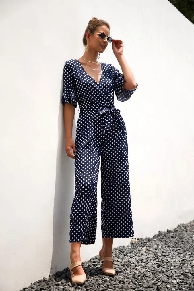 Ruffled Flared Sleeve Polka Dot Lace-up Jumpsuit V-neck Rompers