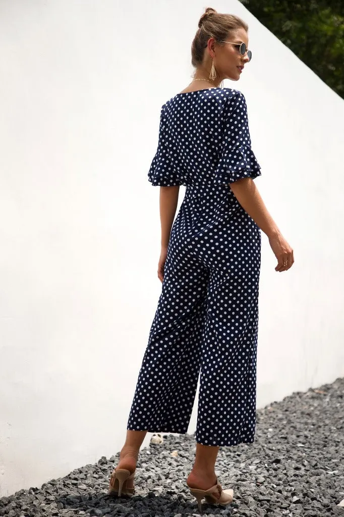 Ruffled Flared Sleeve Polka Dot Lace-up Jumpsuit V-neck Rompers