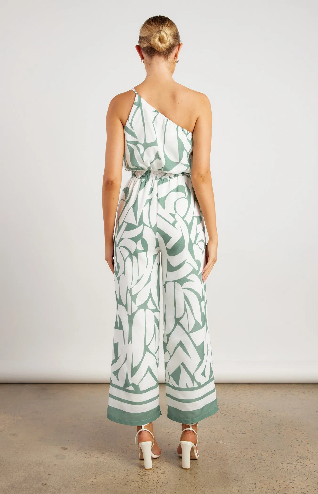 Sage & White Faux Linen Placement Print Jumpsuit with Shirred Waist
