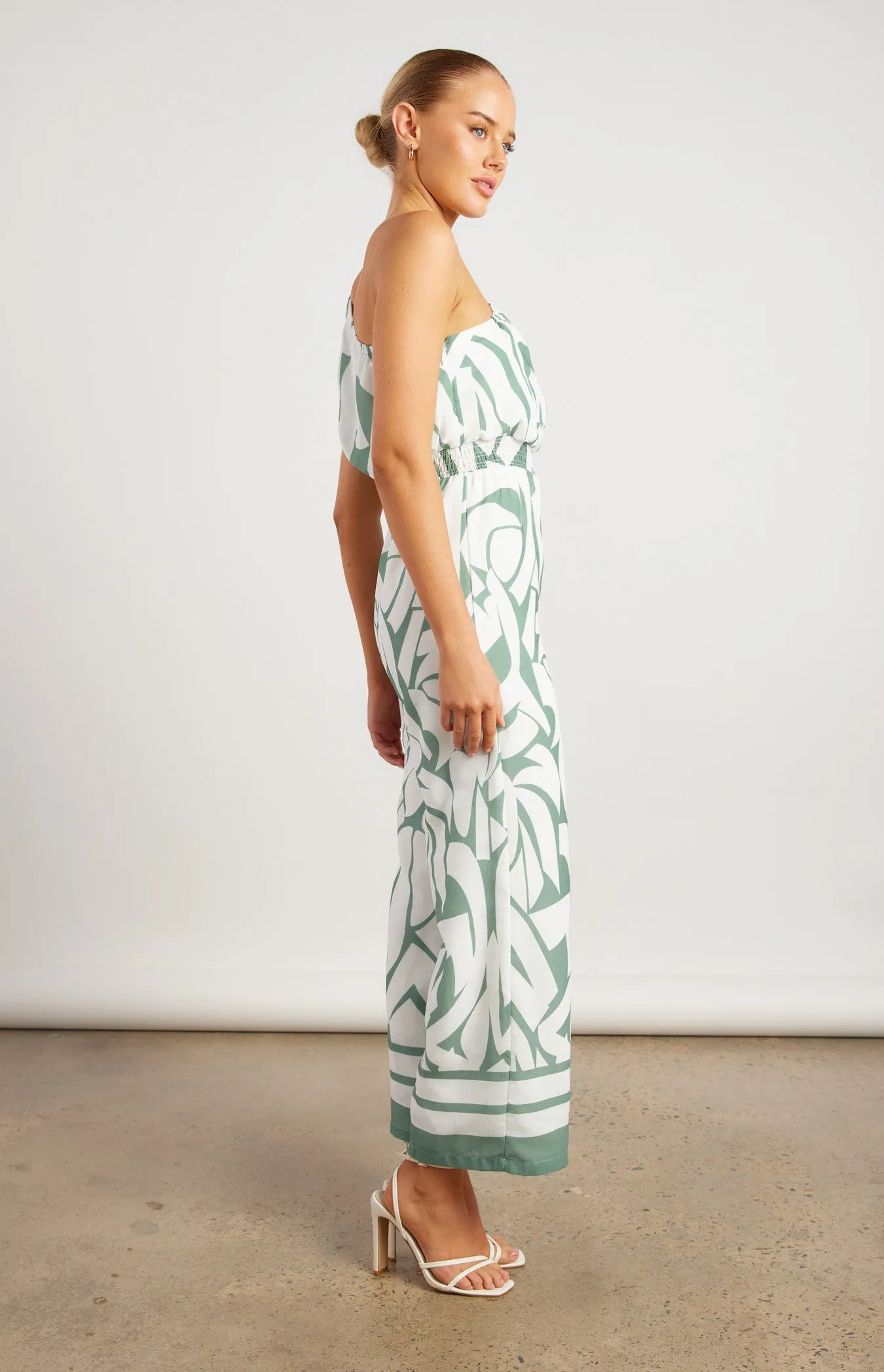 Sage & White Faux Linen Placement Print Jumpsuit with Shirred Waist