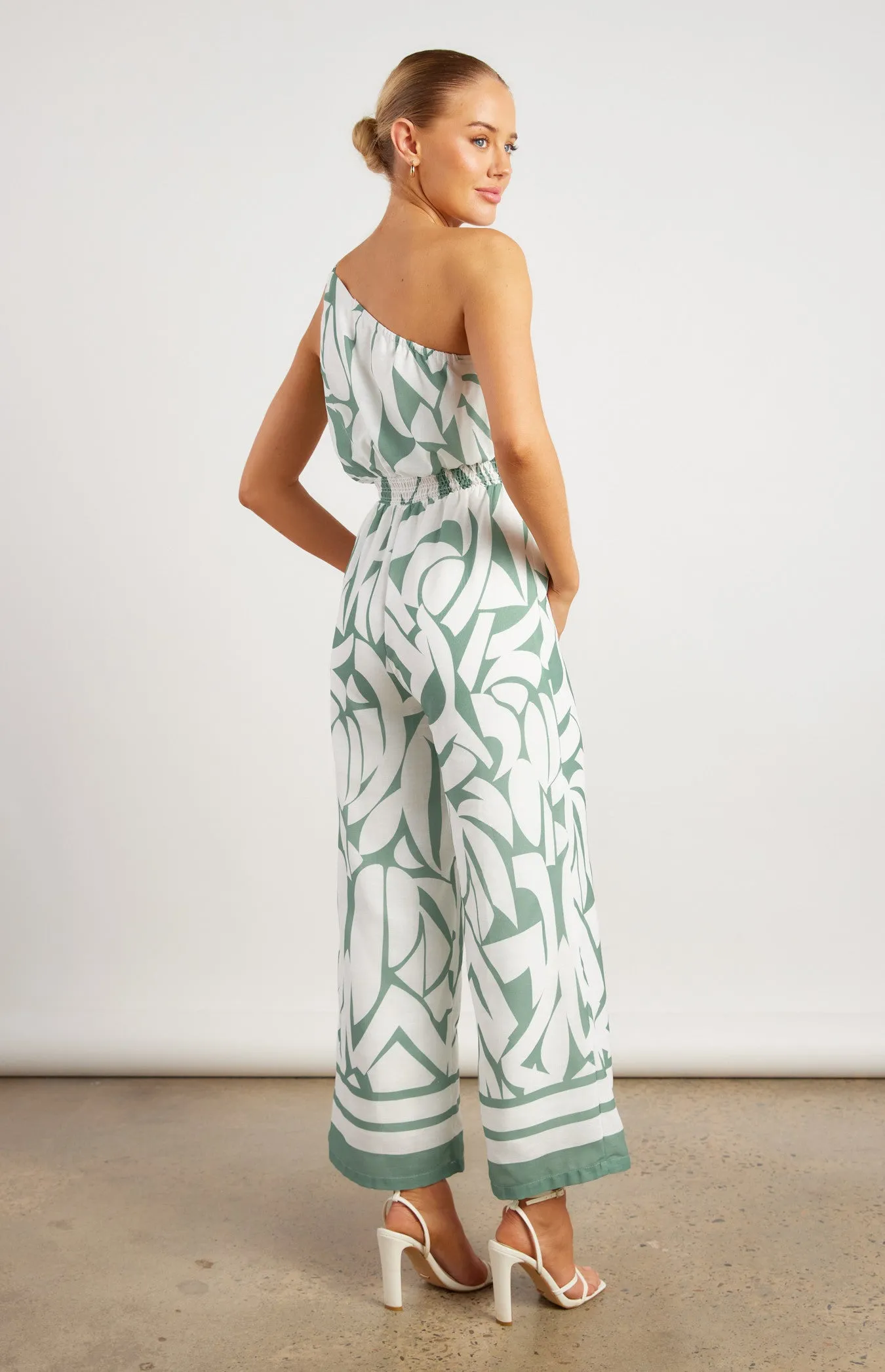 Sage & White Faux Linen Placement Print Jumpsuit with Shirred Waist