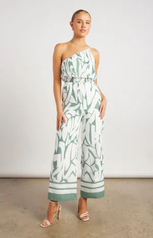 Sage & White Faux Linen Placement Print Jumpsuit with Shirred Waist