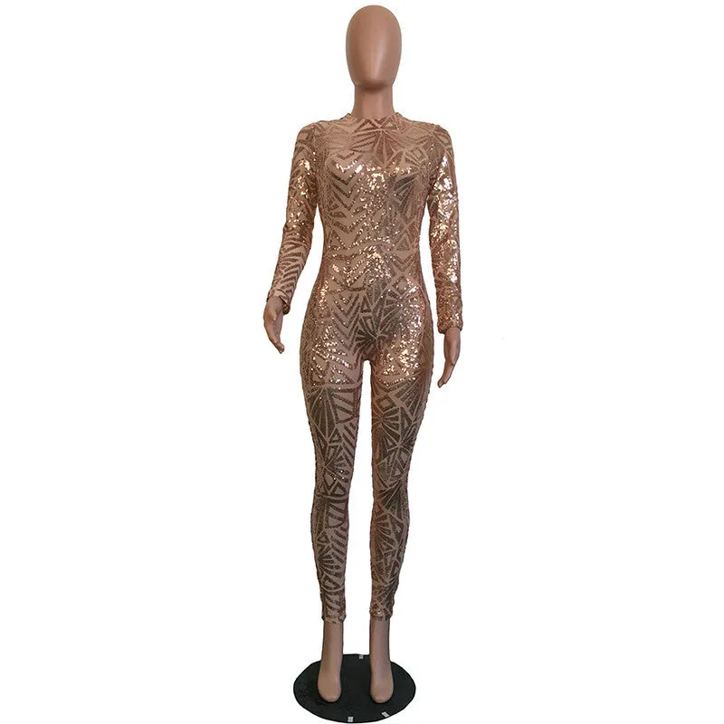 Sequined Jumpsuit Mesh Bodysuit