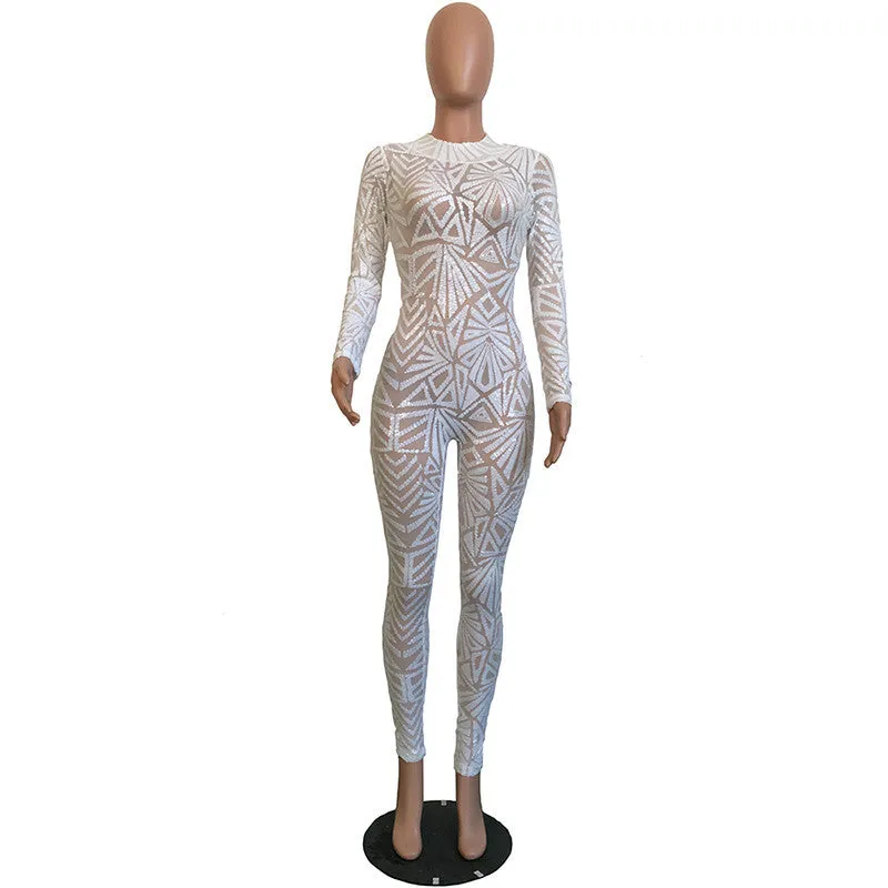 Sequined Jumpsuit Mesh Bodysuit