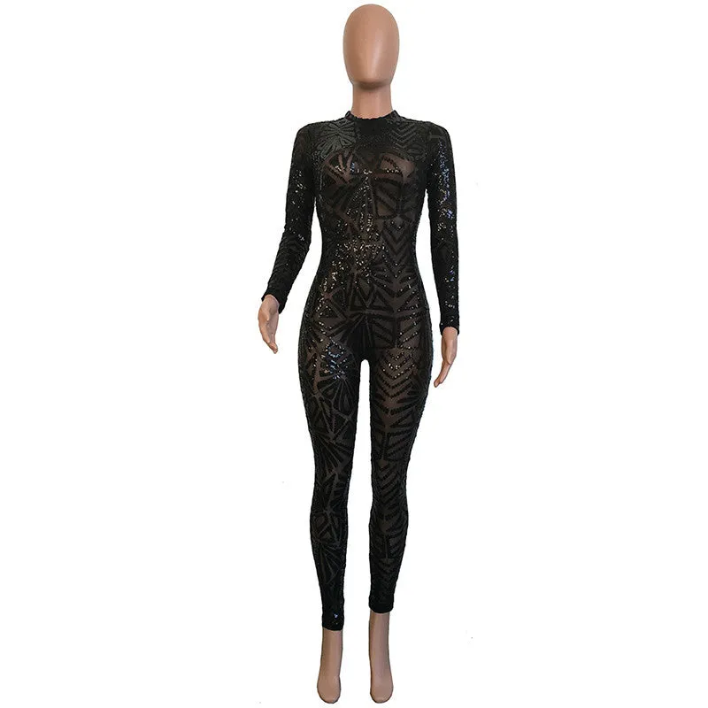 Sequined Jumpsuit Mesh Bodysuit