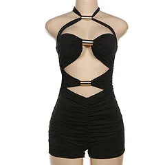 Sexy babes solid color cut-out sleeveless halterneck tie jumpsut AY3508