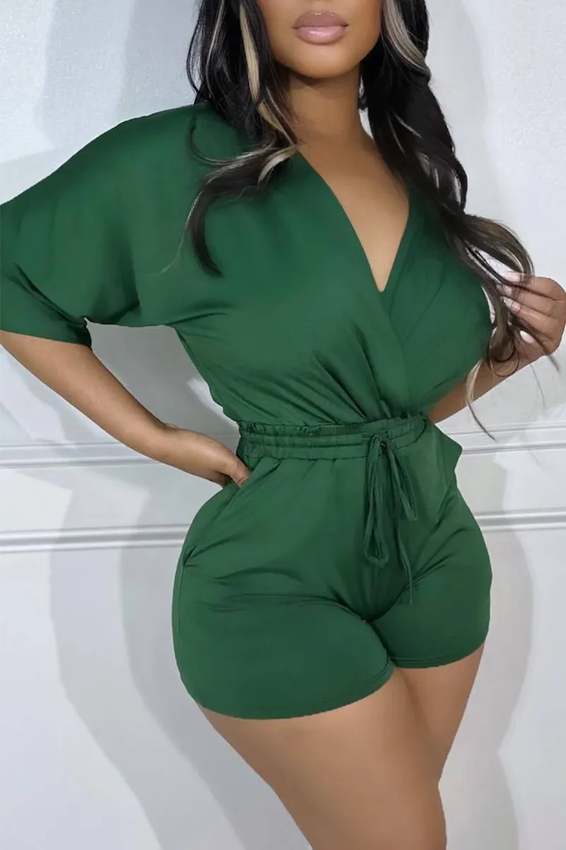 Sexy Solid Draw String V Neck Straight Jumpsuits