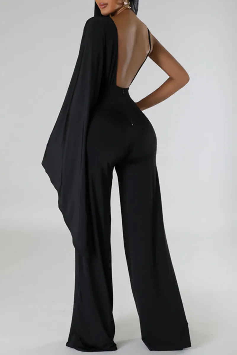 Sexy Solid Patchwork Backless Fold V Neck Regular Jumpsuits