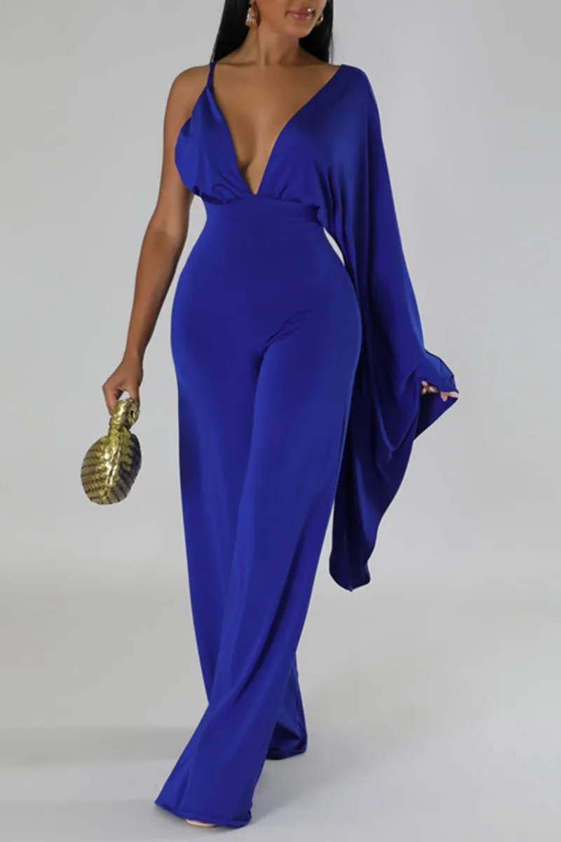 Sexy Solid Patchwork Backless Fold V Neck Regular Jumpsuits