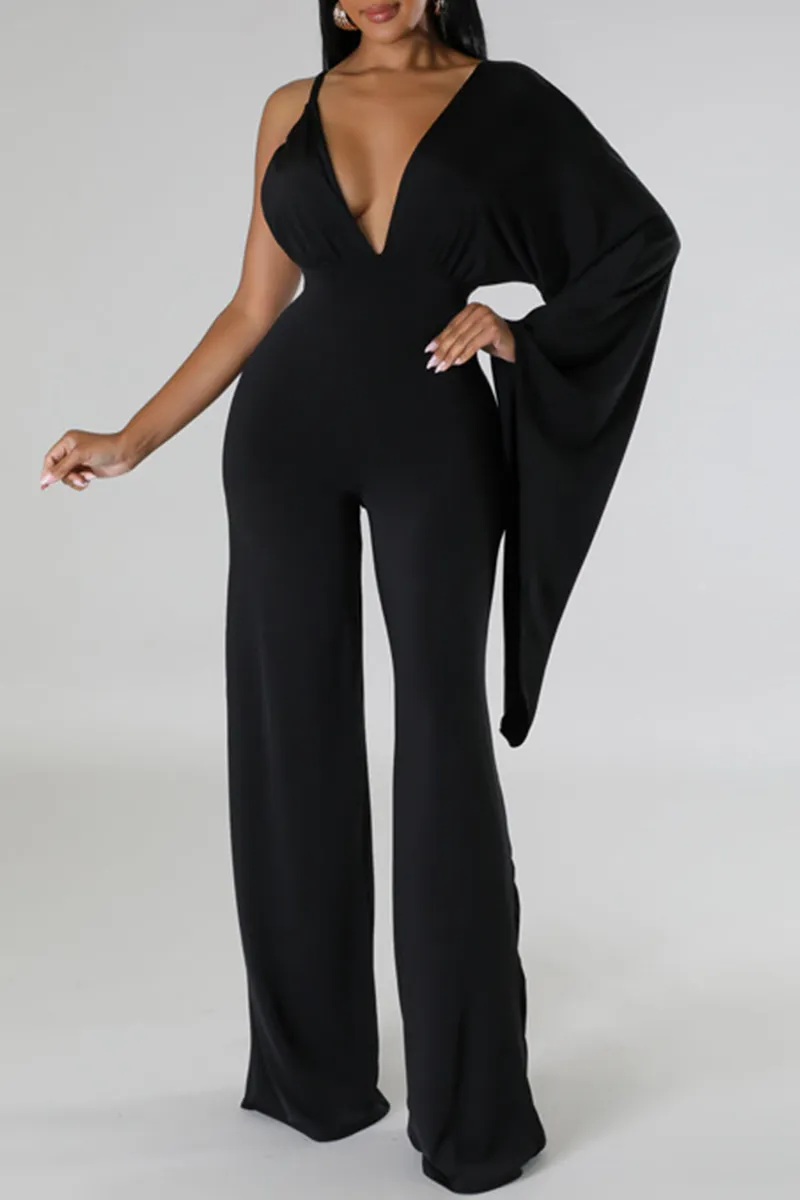 Sexy Solid Patchwork Backless Fold V Neck Regular Jumpsuits