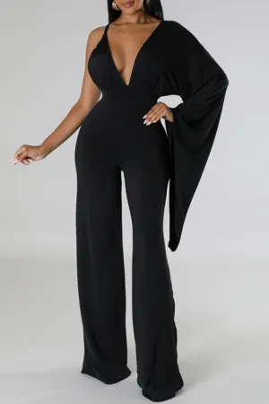 Sexy Solid Patchwork Backless Fold V Neck Regular Jumpsuits