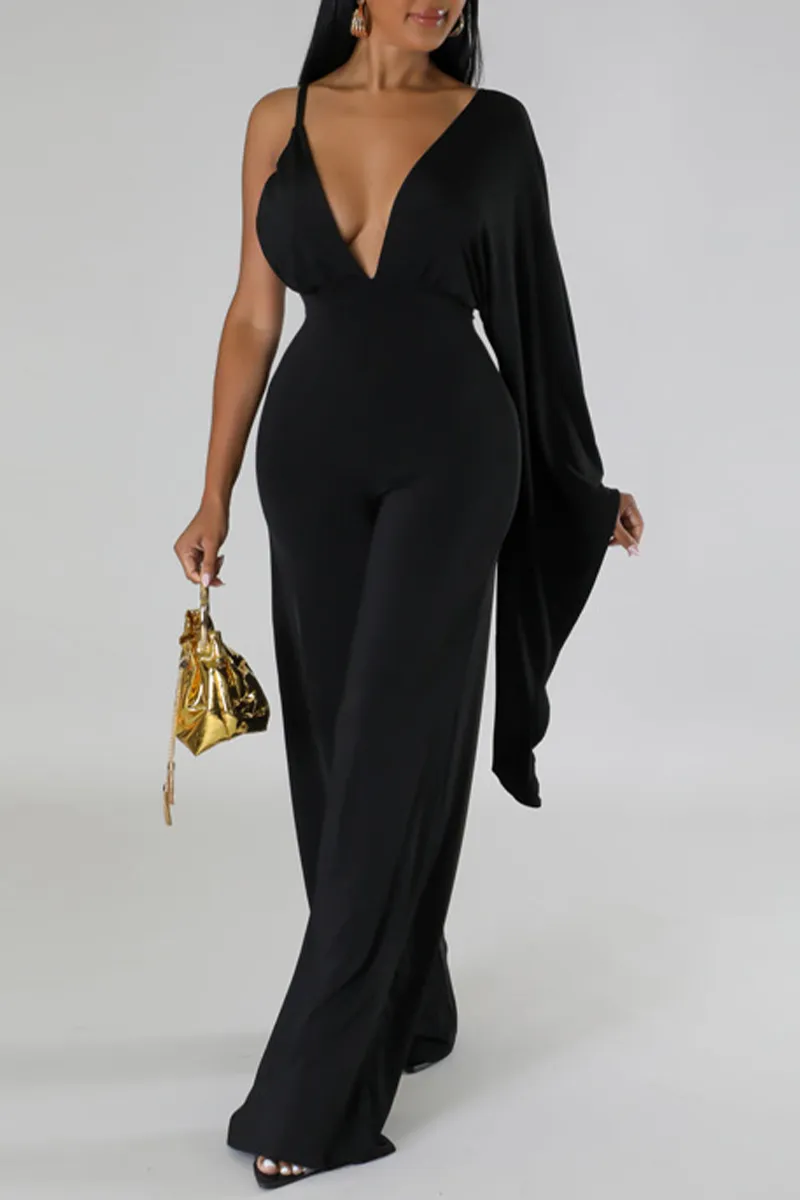 Sexy Solid Patchwork Backless Fold V Neck Regular Jumpsuits