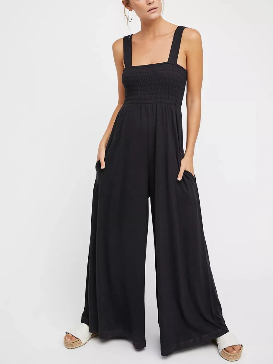 Shore Vacays Smocked Pocketed Wide Leg Jumpsuit - Black