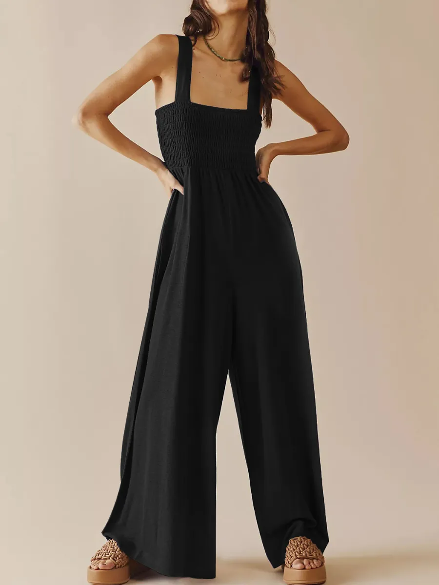 Shore Vacays Smocked Pocketed Wide Leg Jumpsuit - Black
