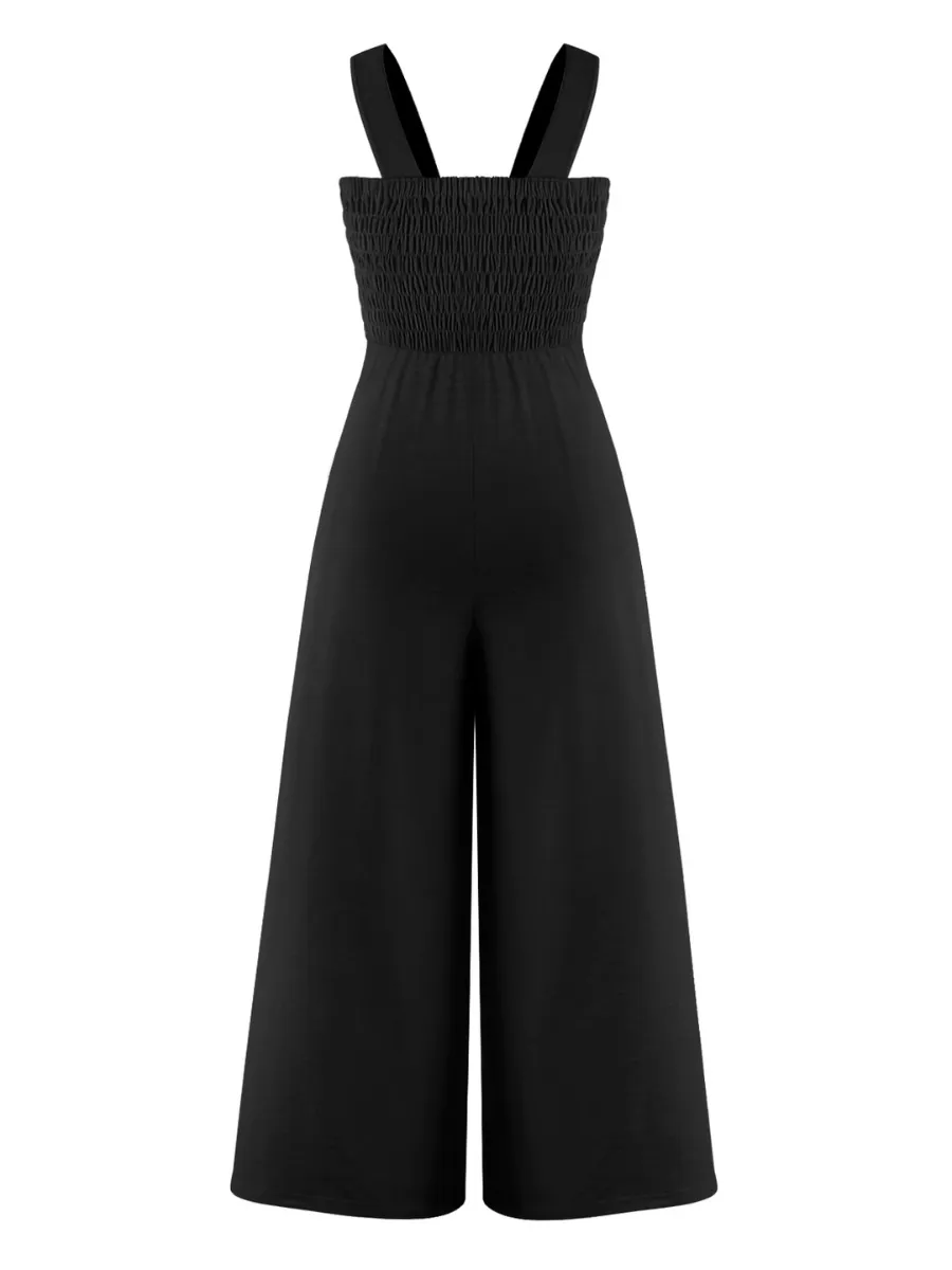 Shore Vacays Smocked Pocketed Wide Leg Jumpsuit - Black