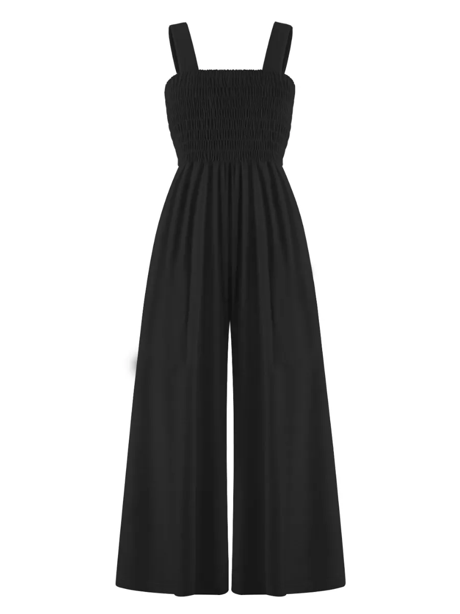 Shore Vacays Smocked Pocketed Wide Leg Jumpsuit - Black