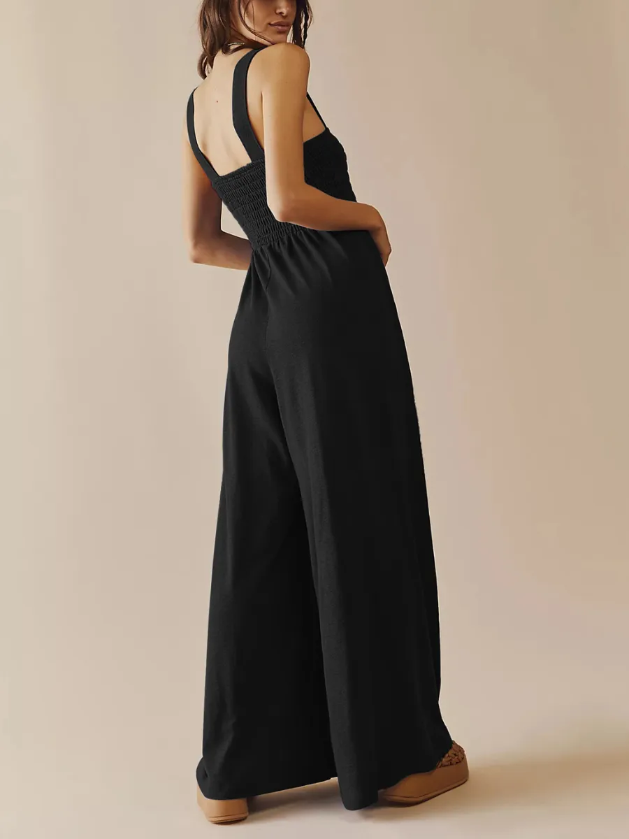 Shore Vacays Smocked Pocketed Wide Leg Jumpsuit - Black
