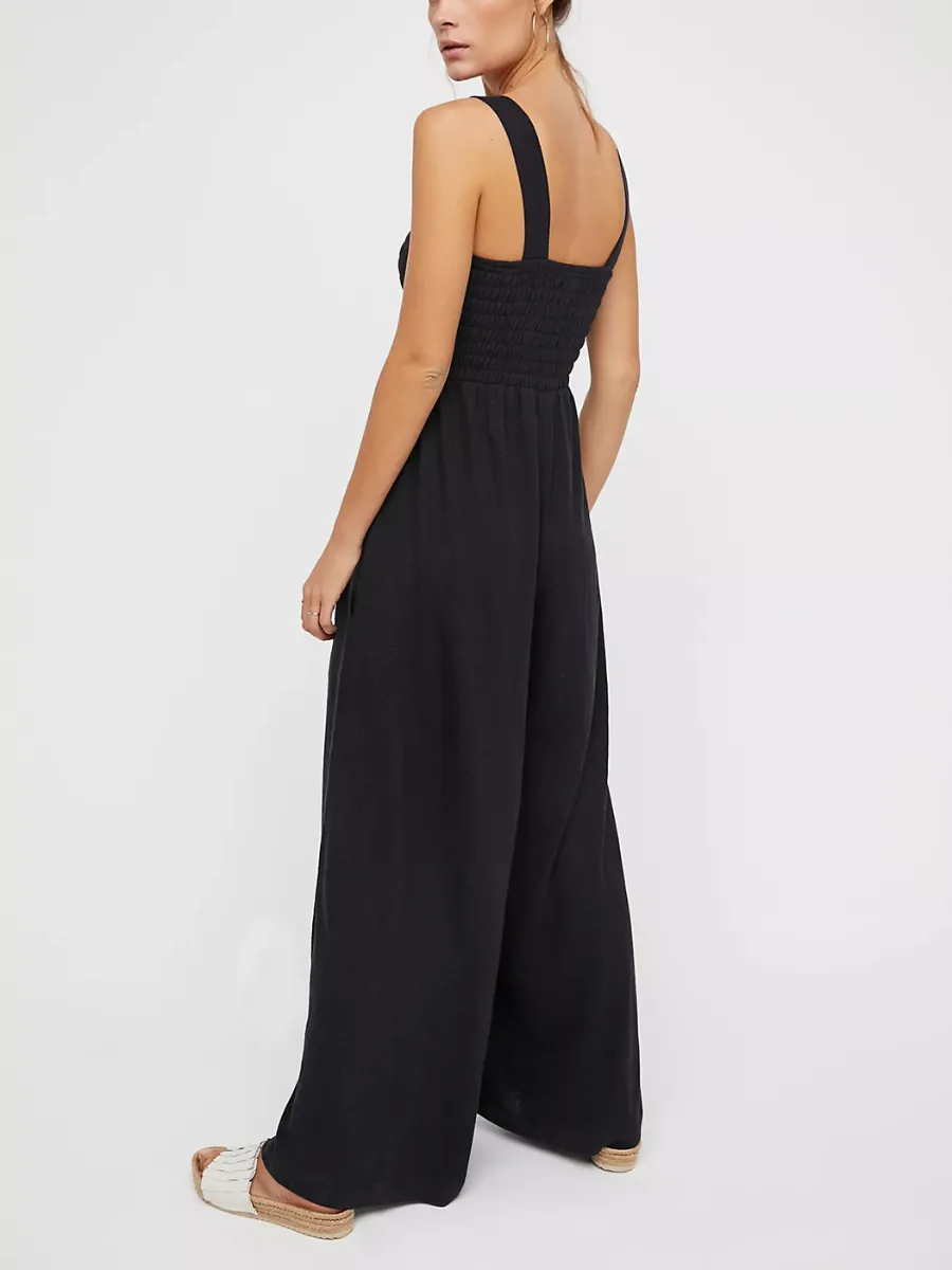 Shore Vacays Smocked Pocketed Wide Leg Jumpsuit - Black