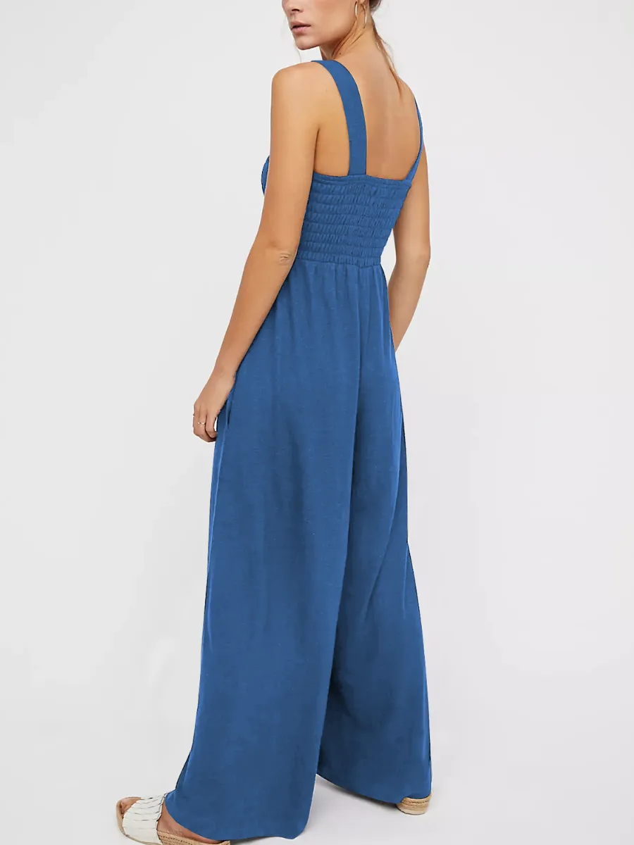 Shore Vacays Smocked Pocketed Wide Leg Jumpsuit - Blue