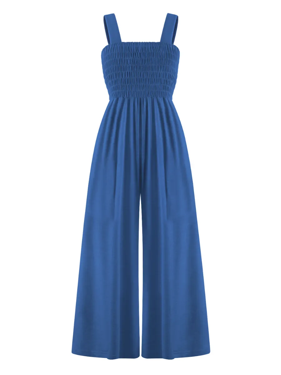 Shore Vacays Smocked Pocketed Wide Leg Jumpsuit - Blue