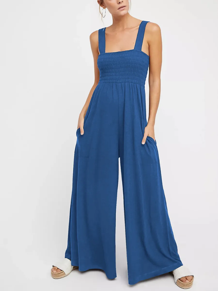 Shore Vacays Smocked Pocketed Wide Leg Jumpsuit - Blue