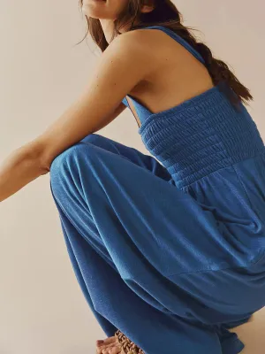 Shore Vacays Smocked Pocketed Wide Leg Jumpsuit - Blue