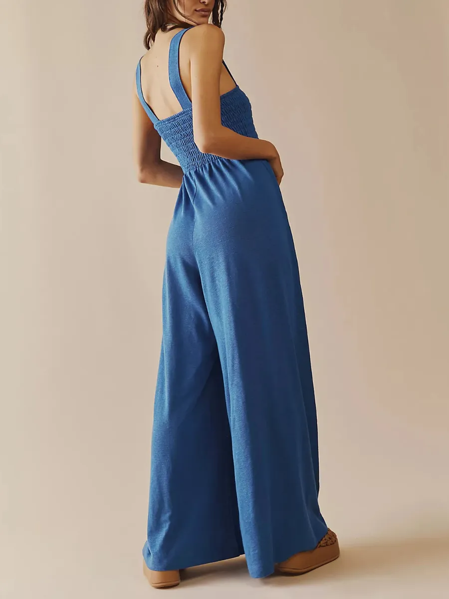 Shore Vacays Smocked Pocketed Wide Leg Jumpsuit - Blue