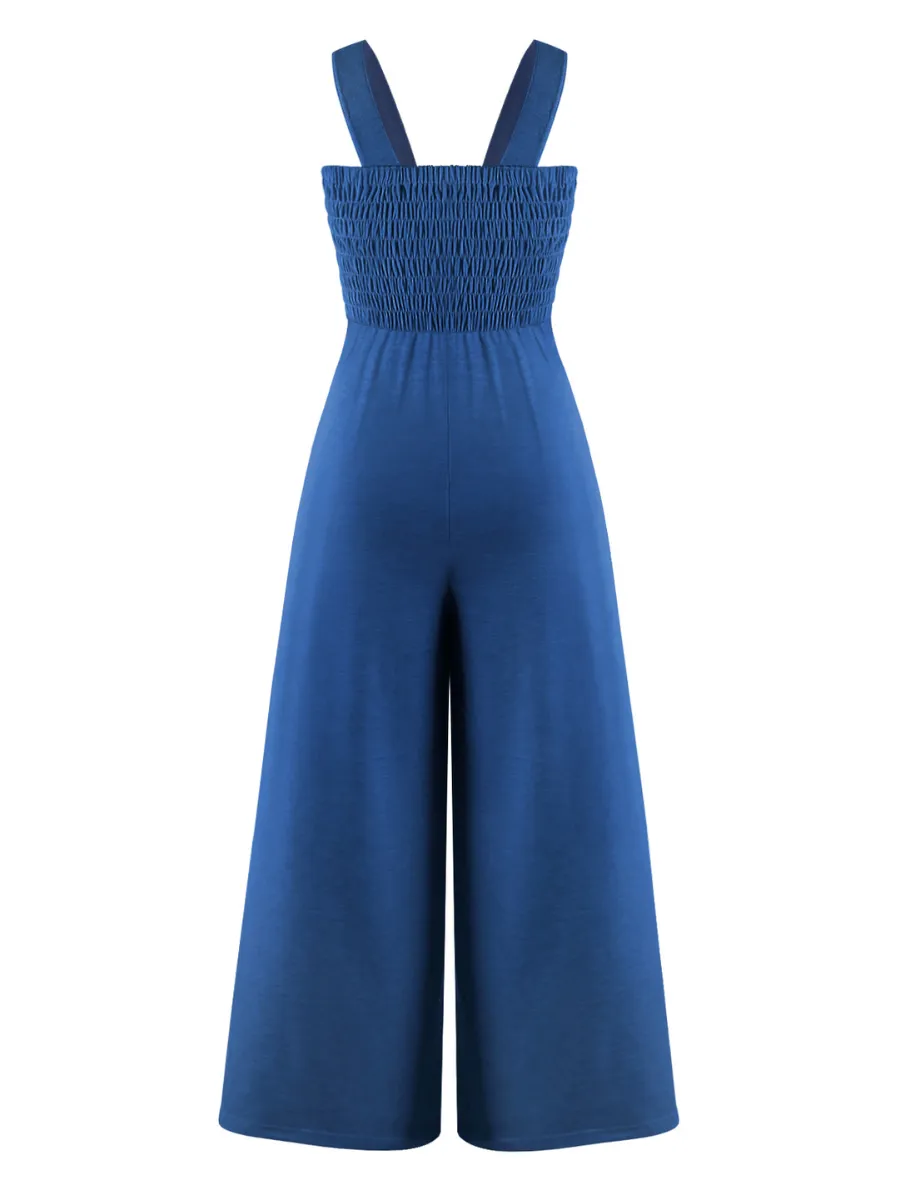 Shore Vacays Smocked Pocketed Wide Leg Jumpsuit - Blue