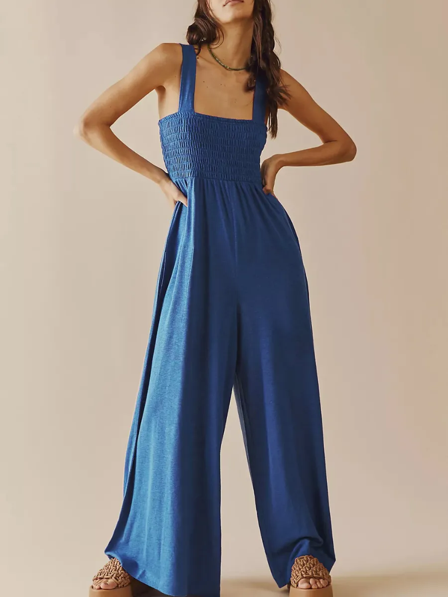 Shore Vacays Smocked Pocketed Wide Leg Jumpsuit - Blue