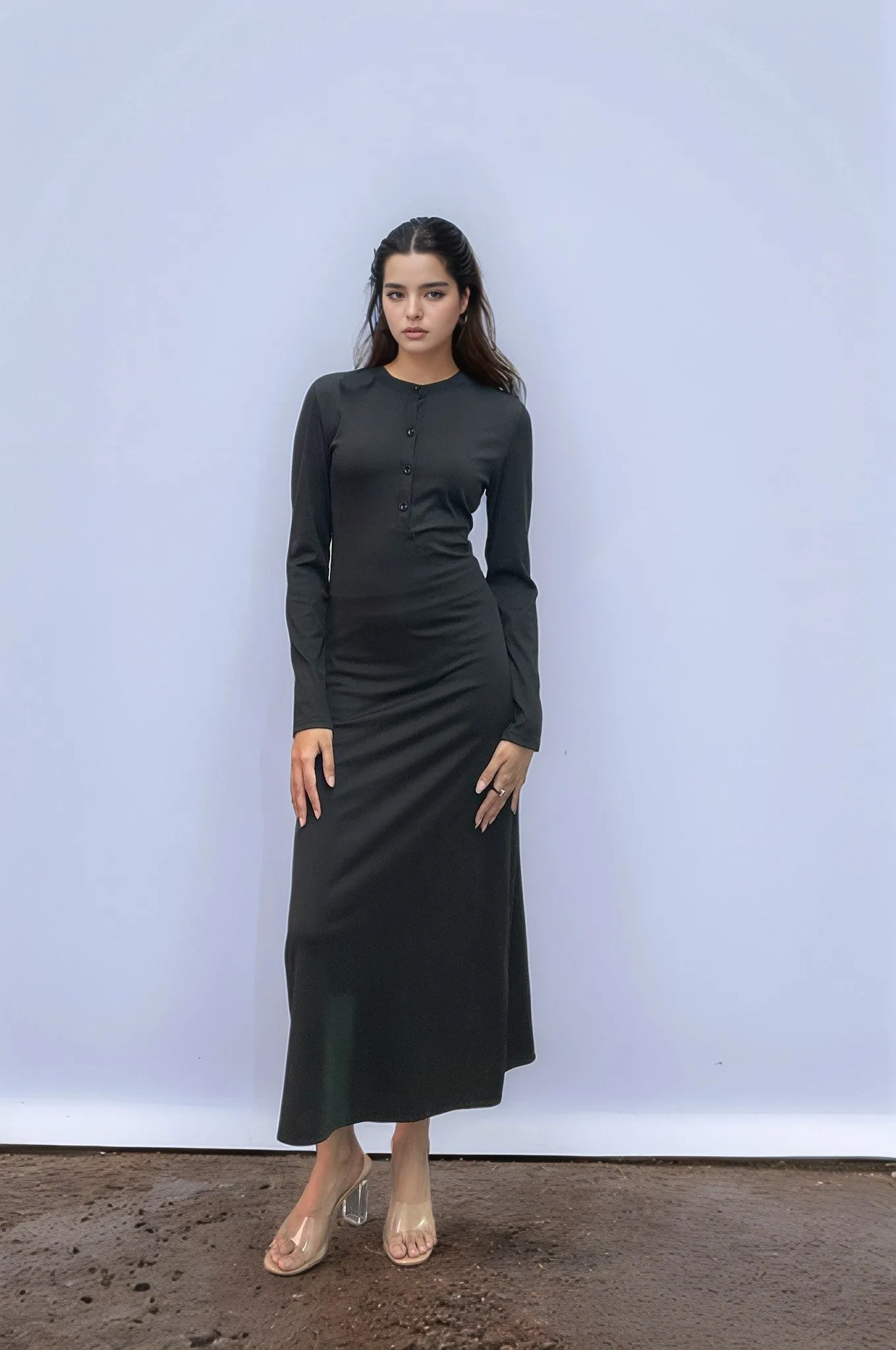 Solid Black Button Down Rib Fitted Dress