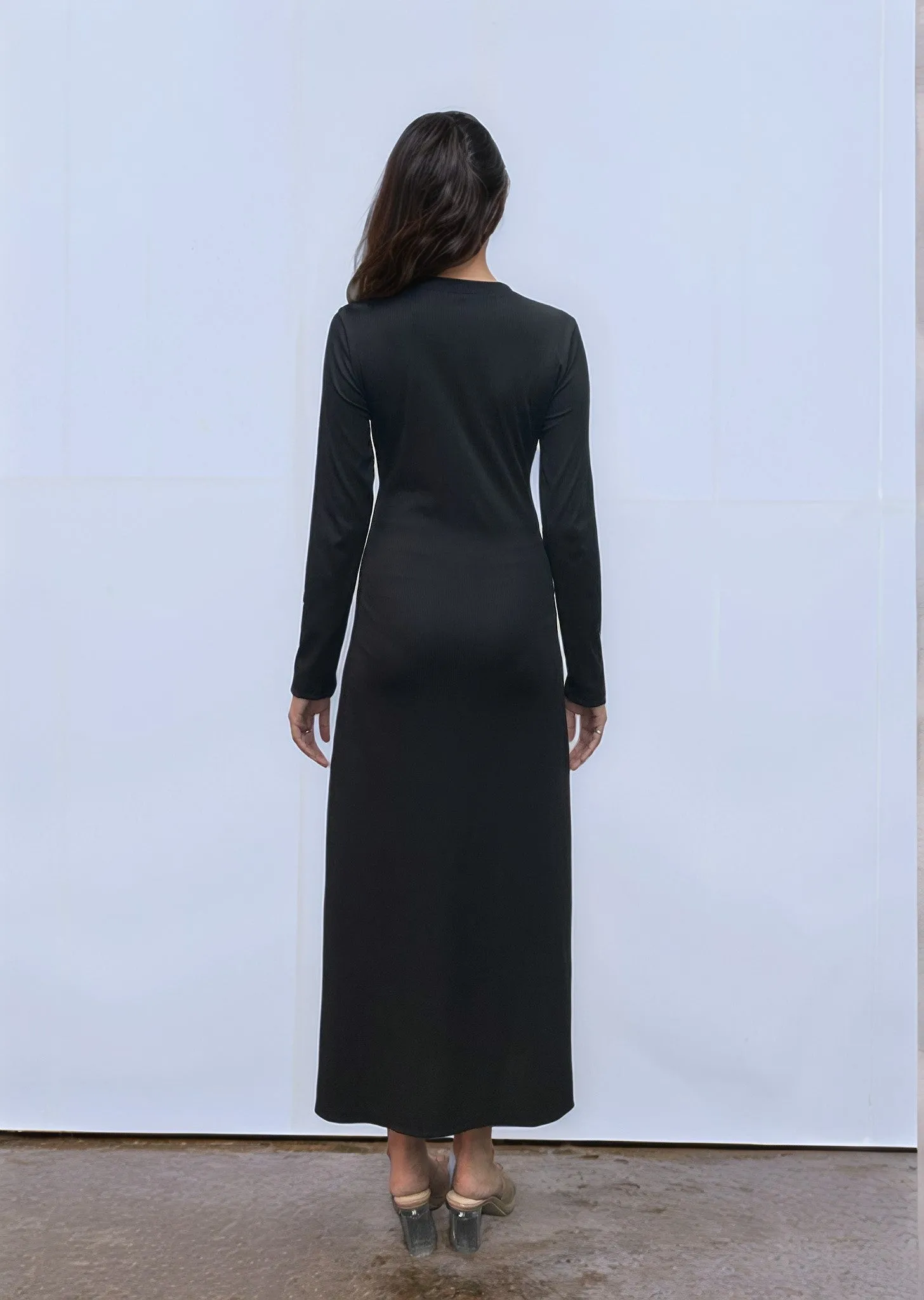 Solid Black Button Down Rib Fitted Dress