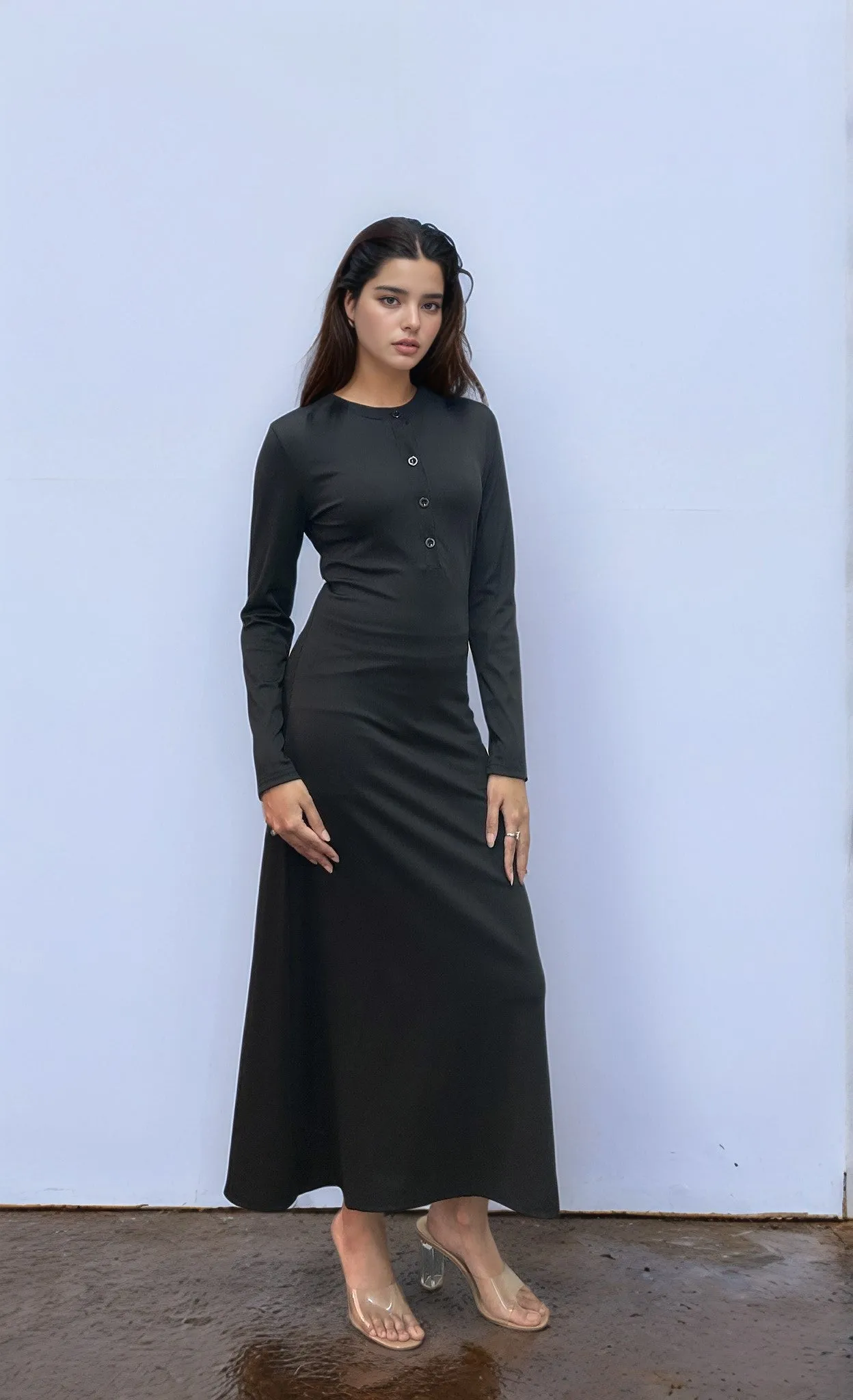 Solid Black Button Down Rib Fitted Dress