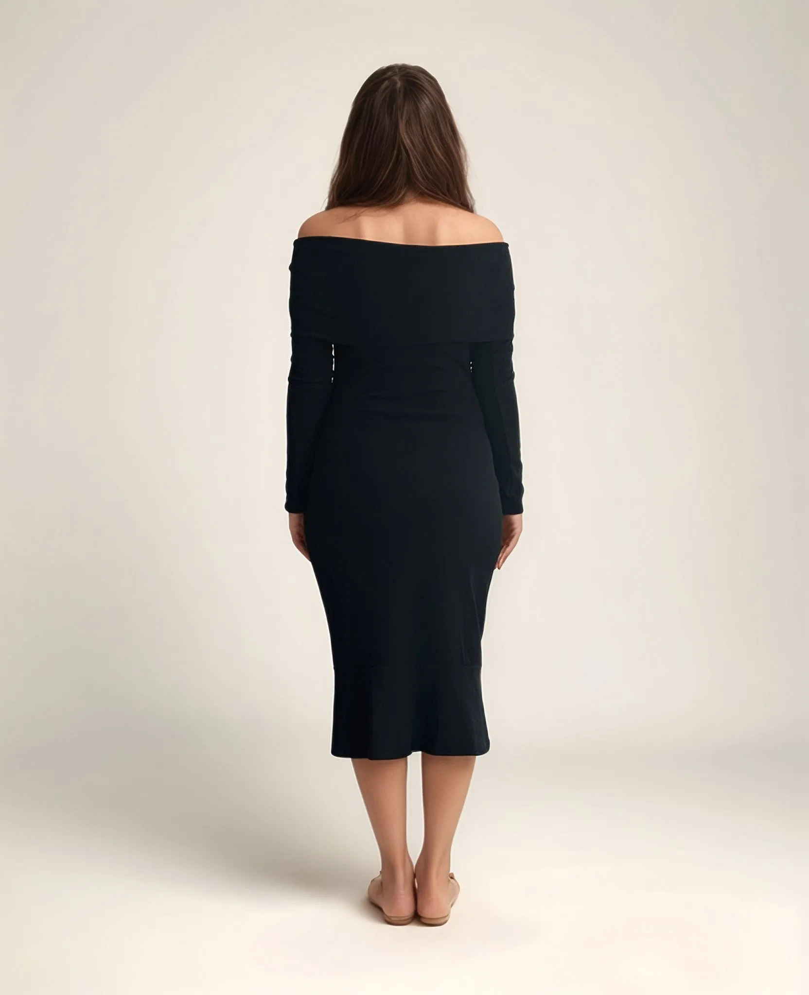 Solid Black Off-Shoulder Midi Dress