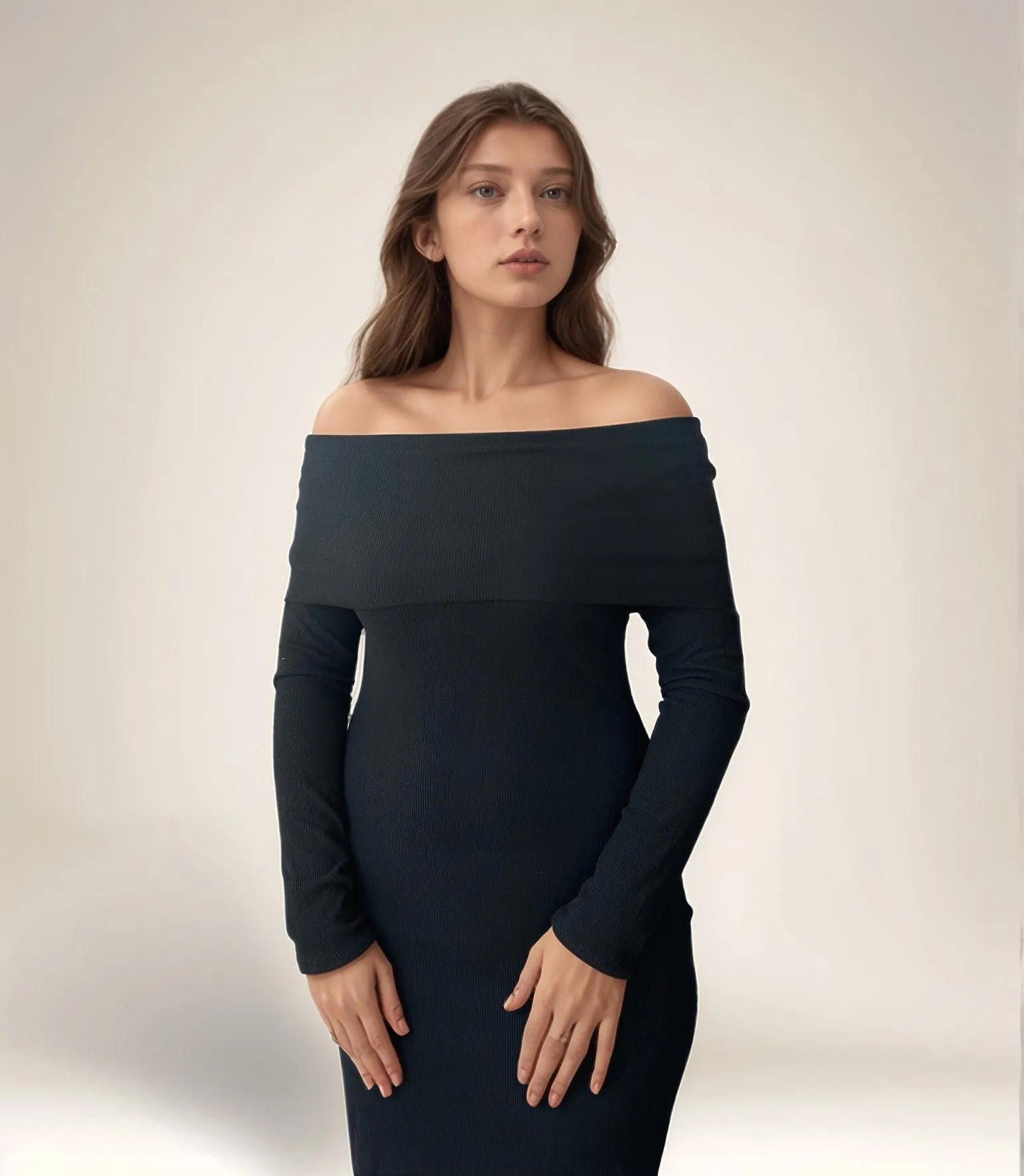 Solid Black Off-Shoulder Midi Dress