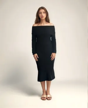 Solid Black Off-Shoulder Midi Dress