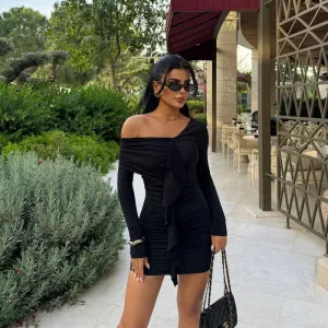 Solid Black One Shoulder Ruched Dress