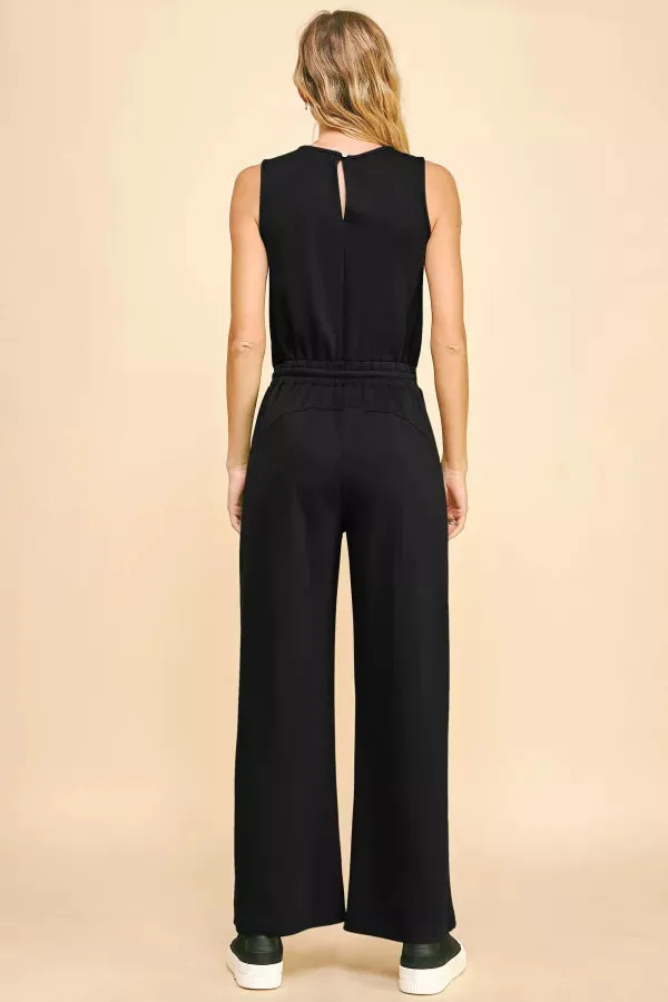 SOLID BOAT NECK SLEEVELESS BODICE POCKET JUMPSUIT