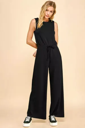 SOLID BOAT NECK SLEEVELESS BODICE POCKET JUMPSUIT