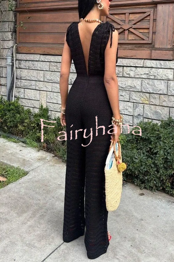 Solid Color Knitted V-neck Holiday Hollow Casual Jumpsuit