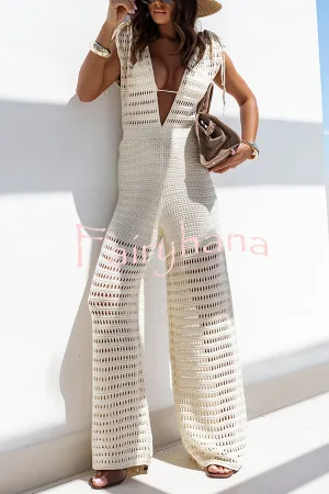 Solid Color Knitted V-neck Holiday Hollow Casual Jumpsuit