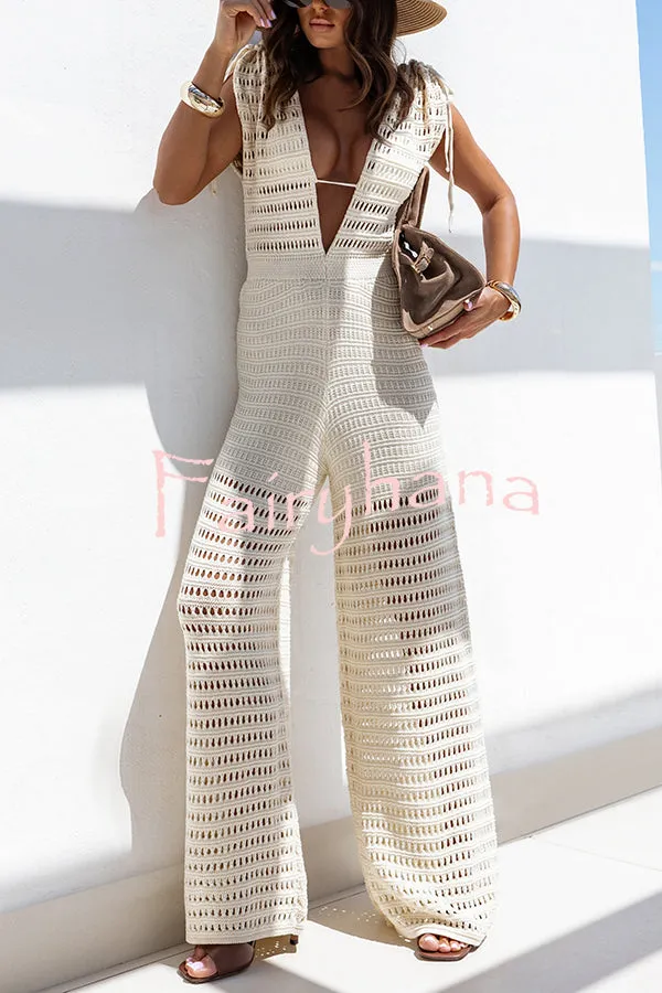 Solid Color Knitted V-neck Holiday Hollow Casual Jumpsuit