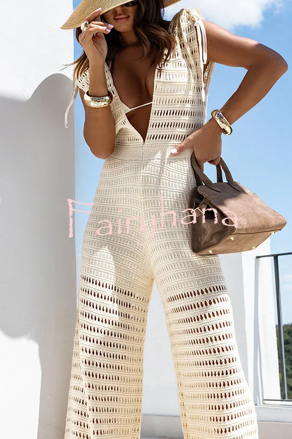 Solid Color Knitted V-neck Holiday Hollow Casual Jumpsuit