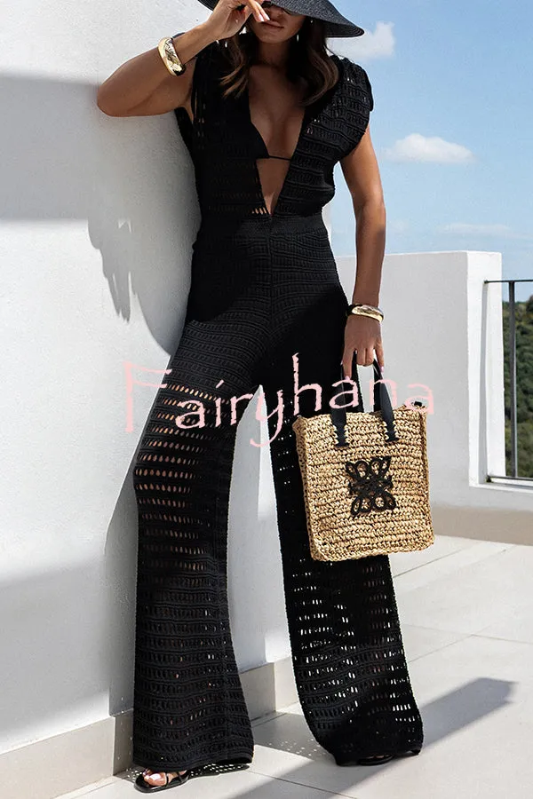 Solid Color Knitted V-neck Holiday Hollow Casual Jumpsuit