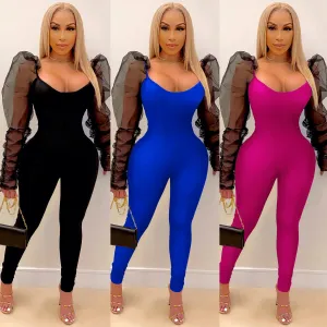 Solid color net yarn bubble pile sleeves jumpsuit（AY1240)