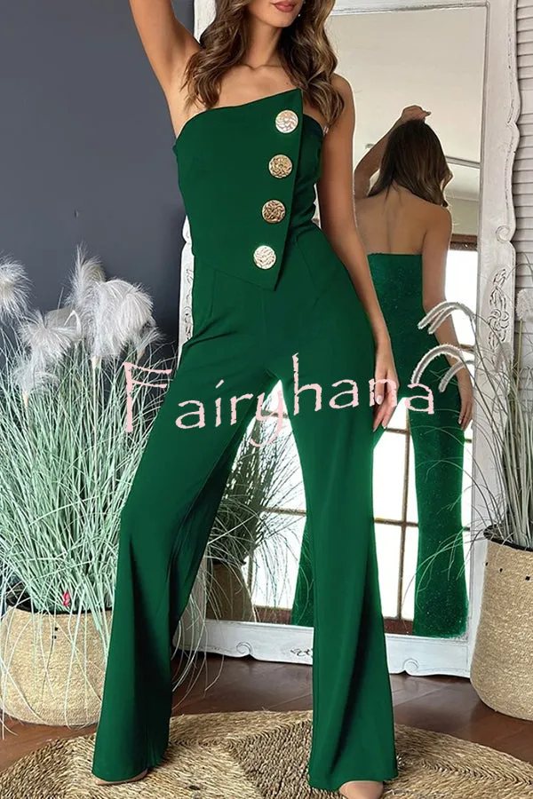 Solid Color Sexy Tube Top Gold Button Embellished Bootcut Jumpsuit