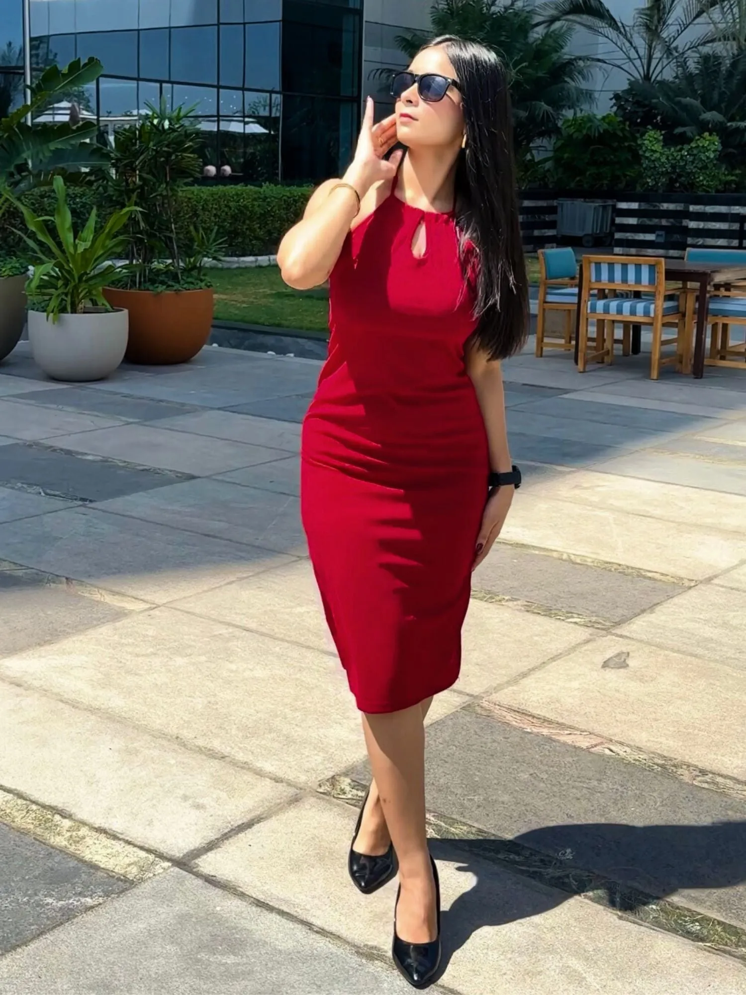 Solid Red Keyhole Neck Dress
