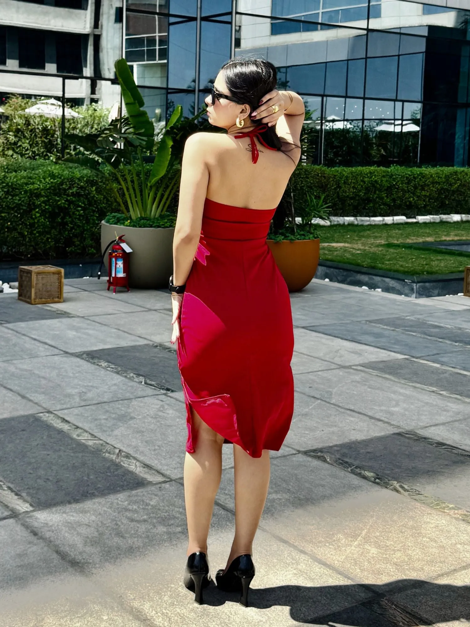 Solid Red Keyhole Neck Dress