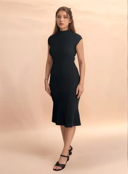 Solid Rib Black Midi Dress