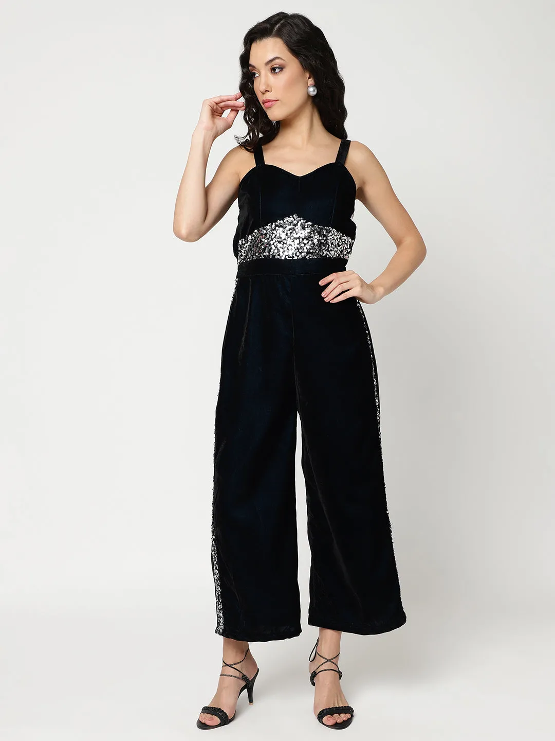 Solid Velvet Jumpsuit With Sequin Patch (Set Of 1)